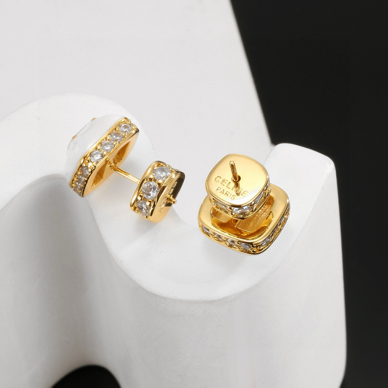 Celine Triomphe earrings gold-tone metal white enamel clear crystal 1 2cm