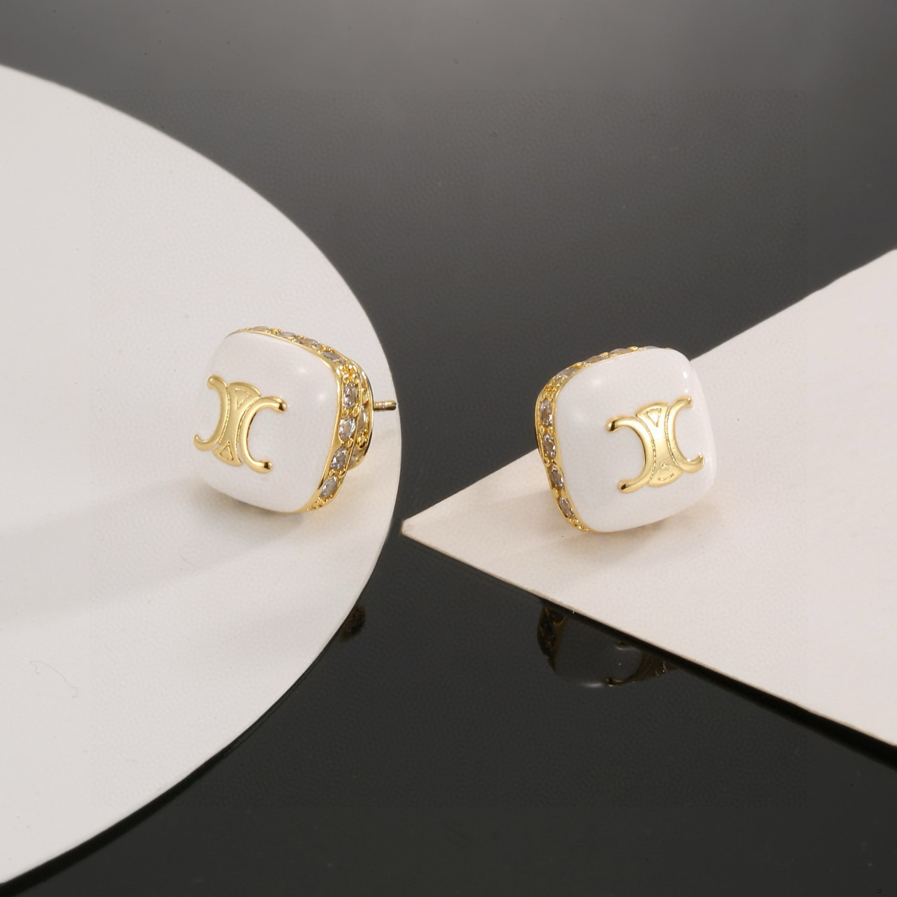 Celine Triomphe earrings gold-tone metal white enamel clear crystal 1 2cm