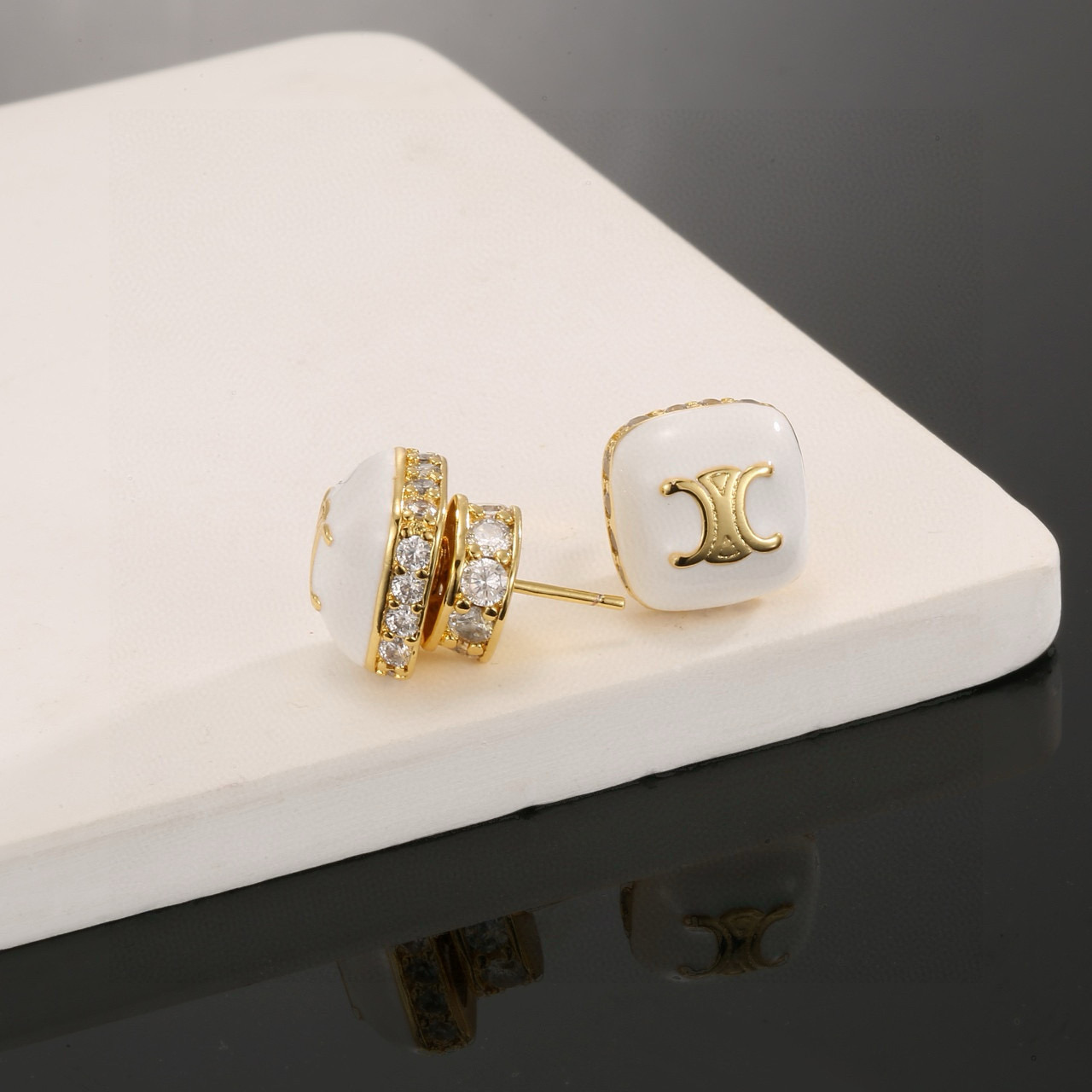 Celine Triomphe earrings gold-tone metal white enamel clear crystal 1 2cm