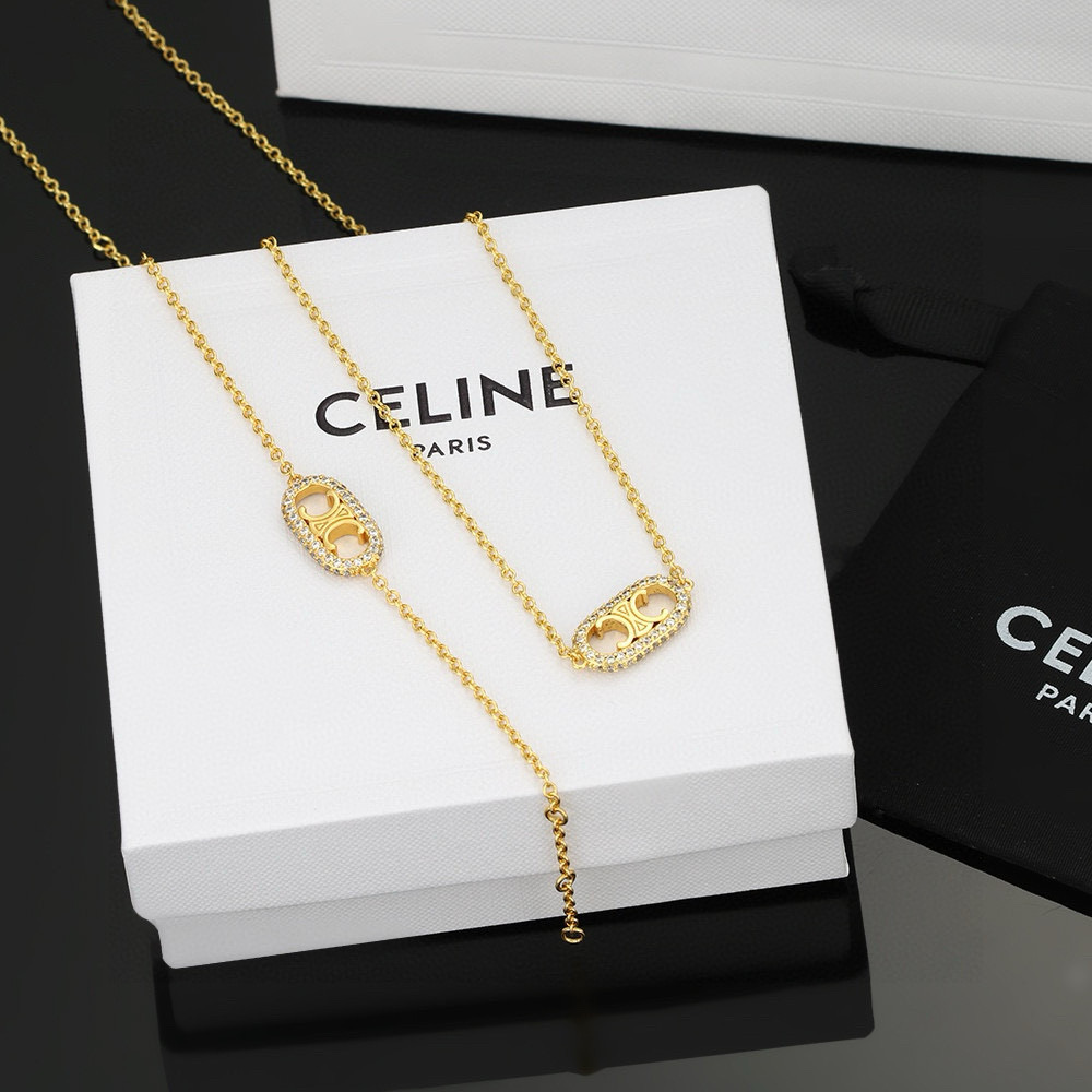 Celine Triomphe Precious necklace 18k gold with clear cubic zirconia stones 45cm