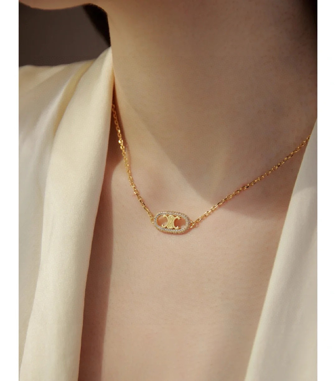 Celine Triomphe Precious necklace 18k gold with clear cubic zirconia stones 45cm
