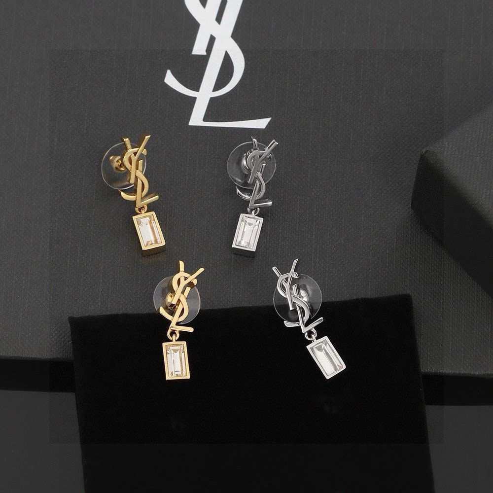 Saint Laurent Cassandre YSL Logo Baguette Crystal Drop Earrings earrings gold-tone metal with clear baguette-cut crystals silver-tone metal with clear baguette-cut crystals 2cm drop length