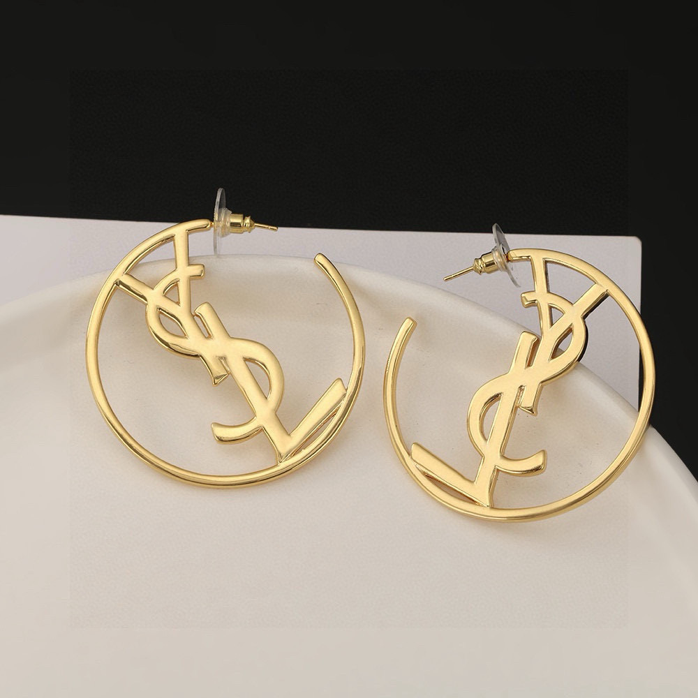 Saint Laurent YSL 1961 Monogram Hoop earrings gold-tone metal no gemstones 50mm diameter