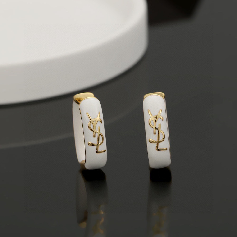Saint Laurent Cassandre earrings gold-tone metal with white enamel 1 5cm hoop diameter