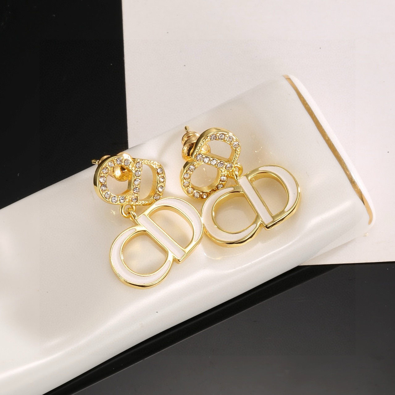 Dior CD Logo Drop Earrings earrings Gold-tone metal white enamel clear crystal accents 2 5cm drop length