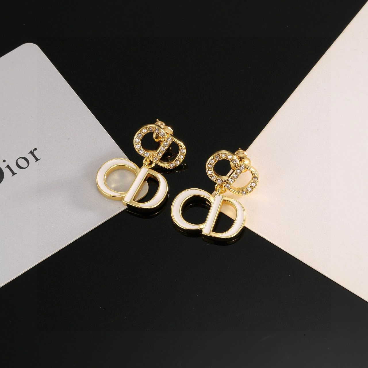 Dior CD Logo Drop Earrings earrings Gold-tone metal white enamel clear crystal accents 2 5cm drop length