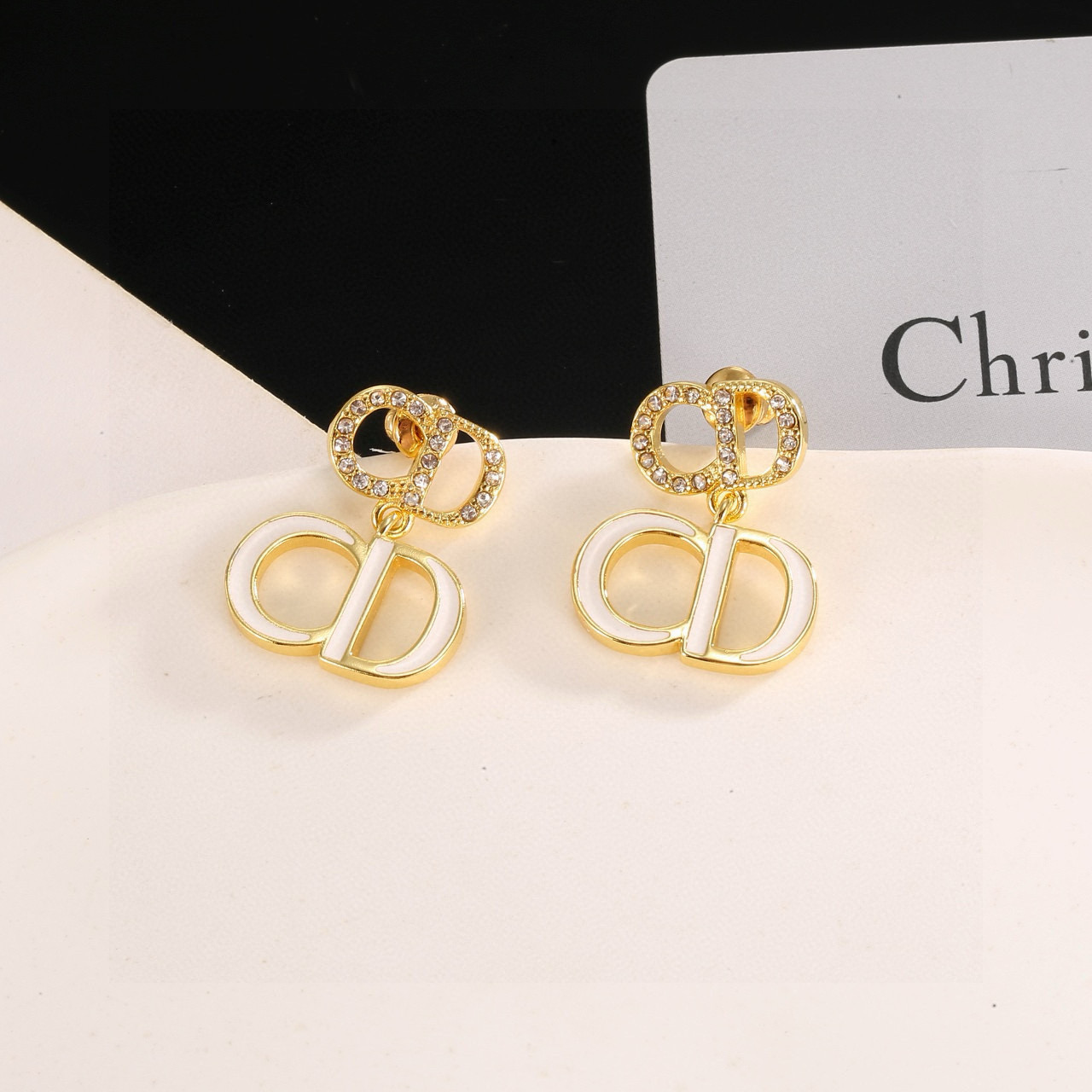 Dior CD Logo Drop Earrings earrings Gold-tone metal white enamel clear crystal accents 2 5cm drop length