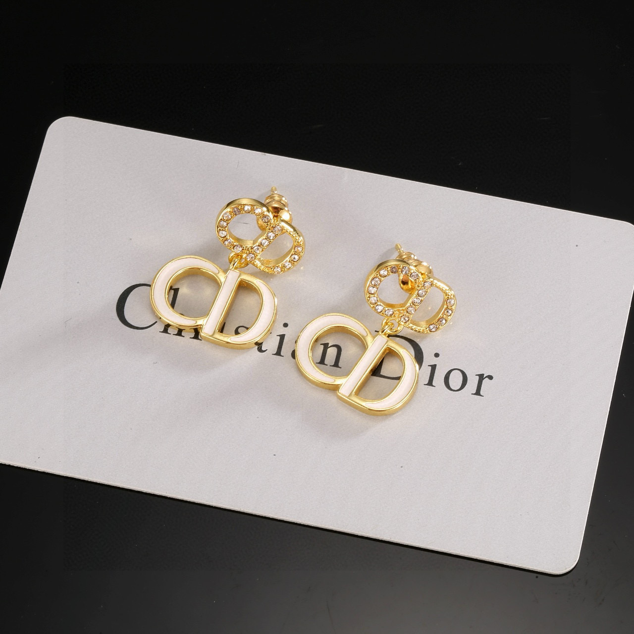 Dior CD Logo Drop Earrings earrings Gold-tone metal white enamel clear crystal accents 2 5cm drop length