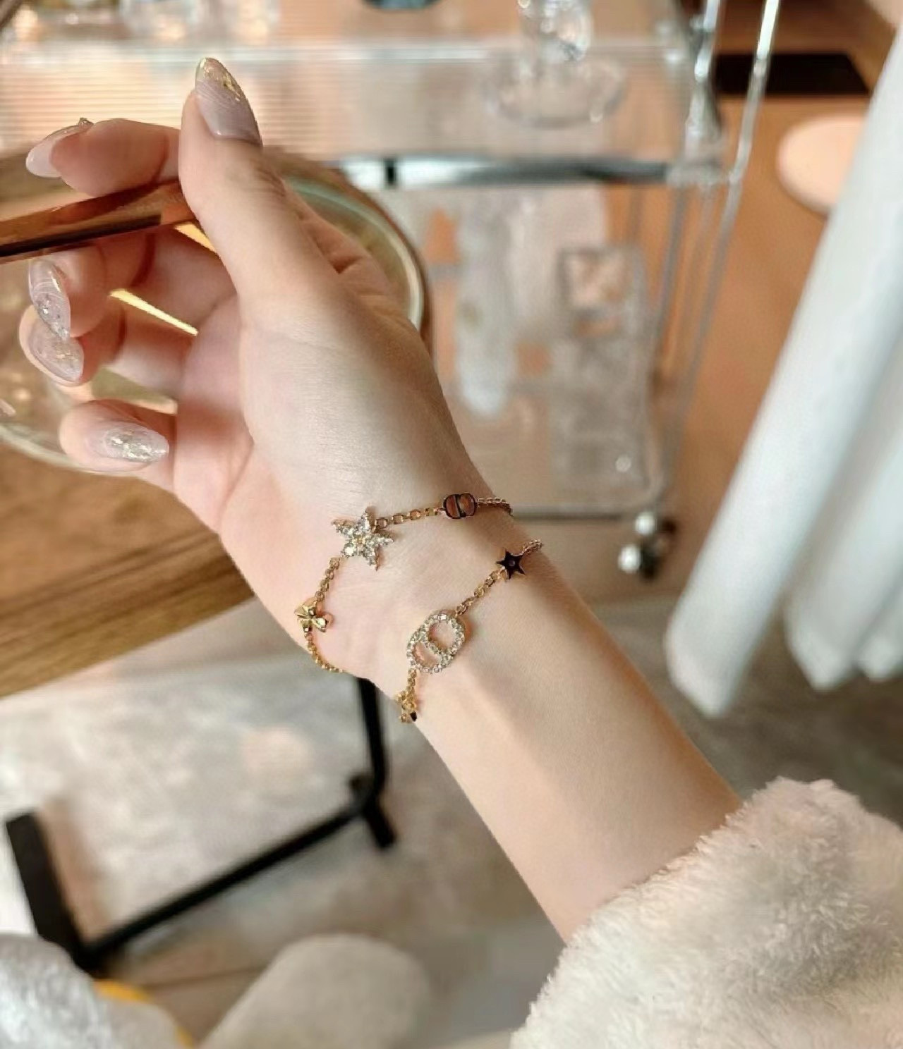 Dior J ADIOR Lucky Charms bracelet gold-tone metal with clear crystal accents 16cm with 3cm extender