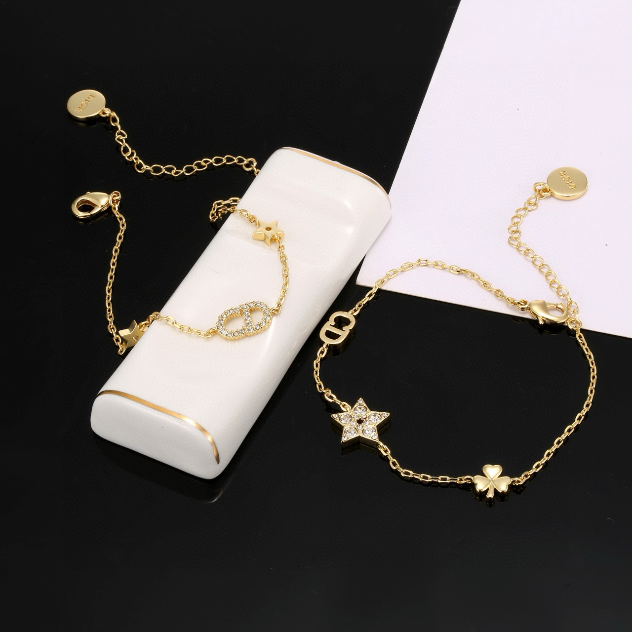 Dior J ADIOR Lucky Charms bracelet gold-tone metal with clear crystal accents 16cm with 3cm extender