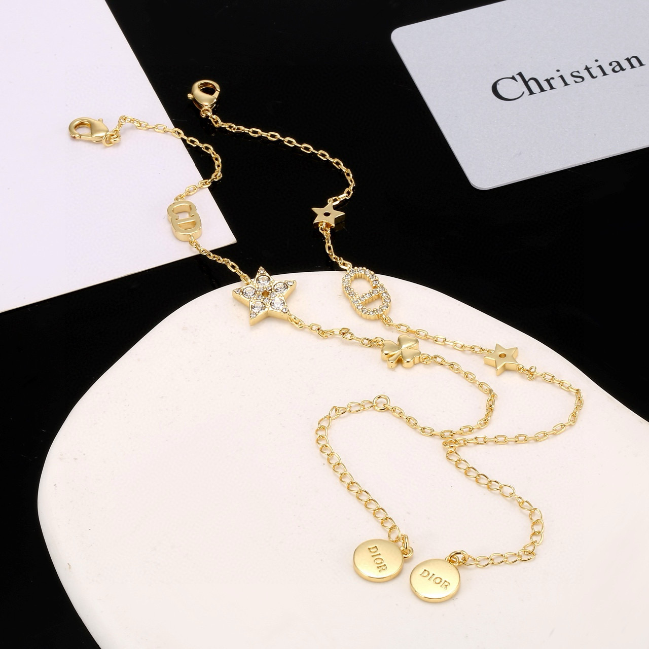 Dior J ADIOR Lucky Charms bracelet gold-tone metal with clear crystal accents 16cm with 3cm extender