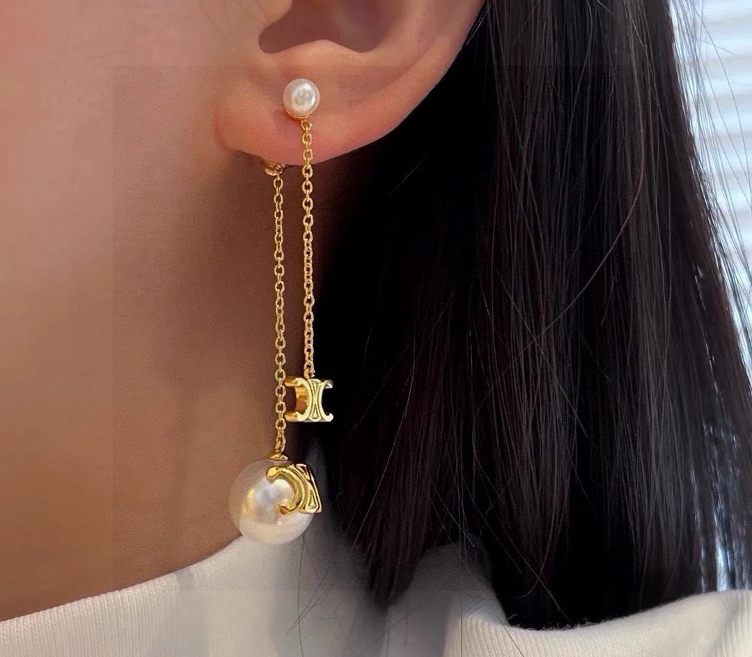 Celine Triomphe Pearl Chain Drop Earrings earrings gold-tone metal with white pearls 4 5cm drop length