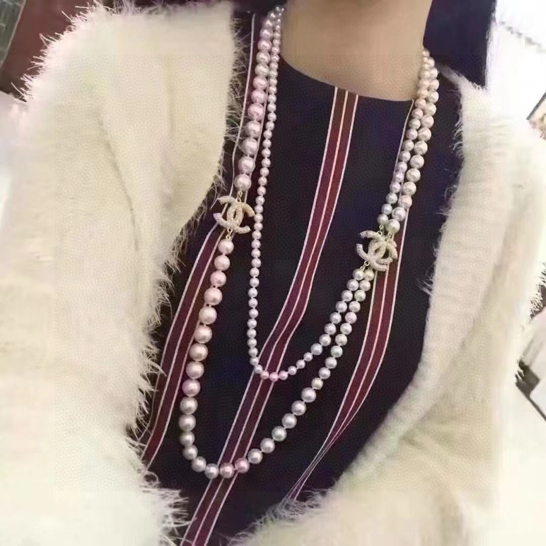 Chanel CC Logo Multi-Charm Pearl Long Necklace necklace Gold-tone metal cream white faux pearl clear crystal 80cm with 5cm extension chain