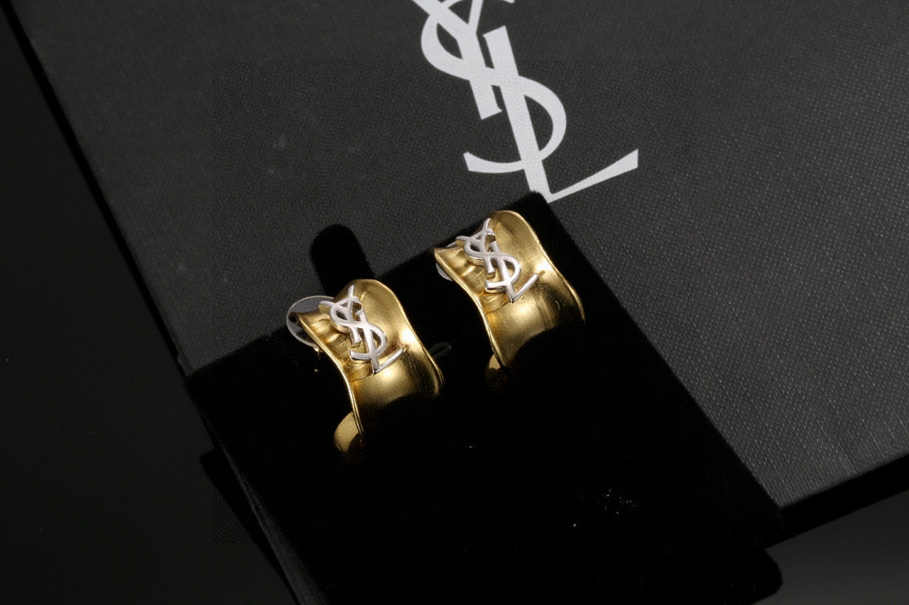 Saint Laurent Cassandre YSL Monogram Wavy Hoop earrings gold-tone metal with silver-tone YSL monogram 20mm hoop diameter