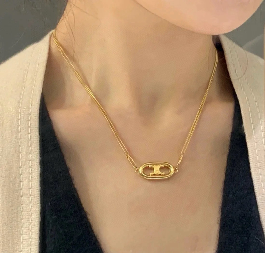 Celine Triomphe Oval Double Chain necklace gold-tone metal 45cm