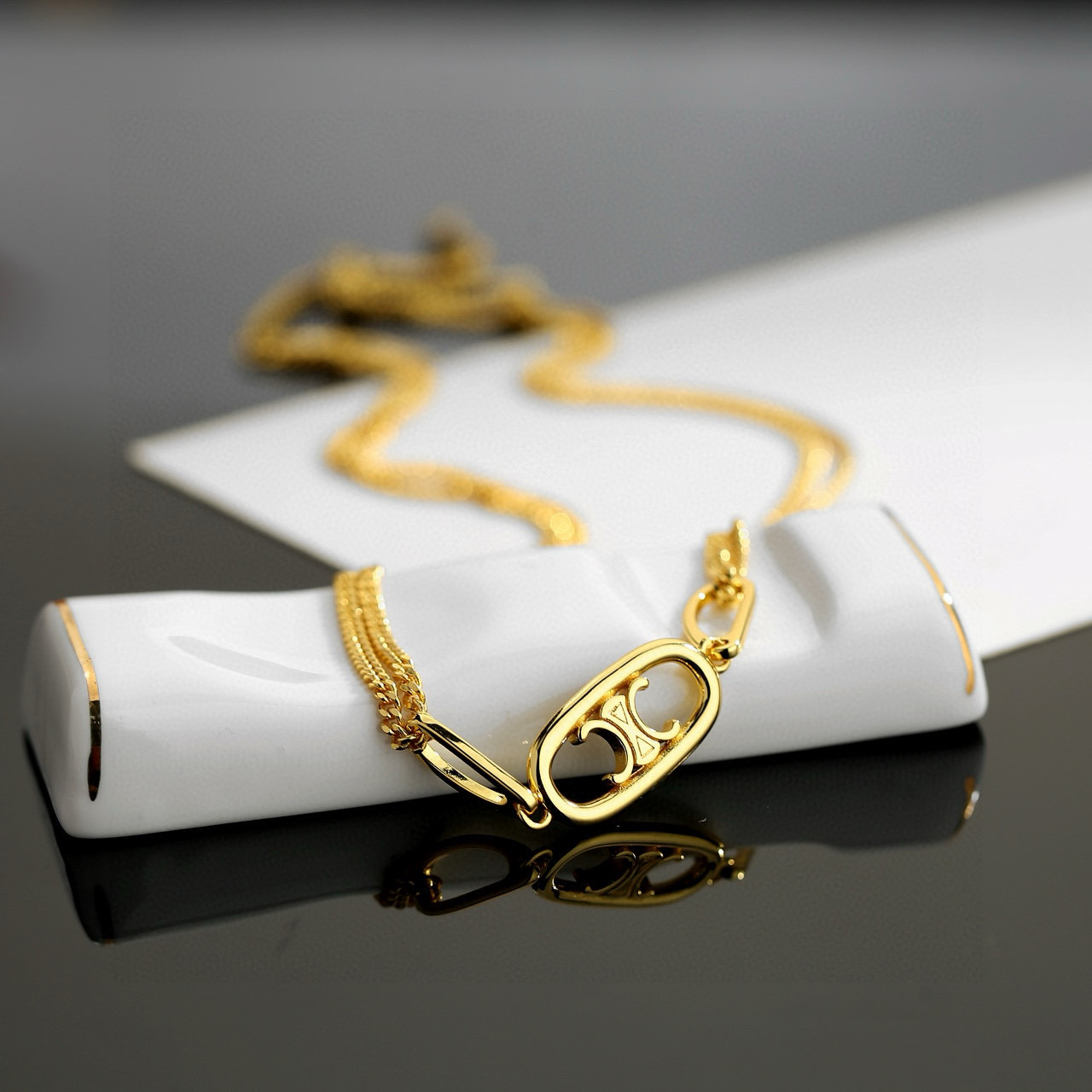Celine Triomphe Oval Double Chain necklace gold-tone metal 45cm