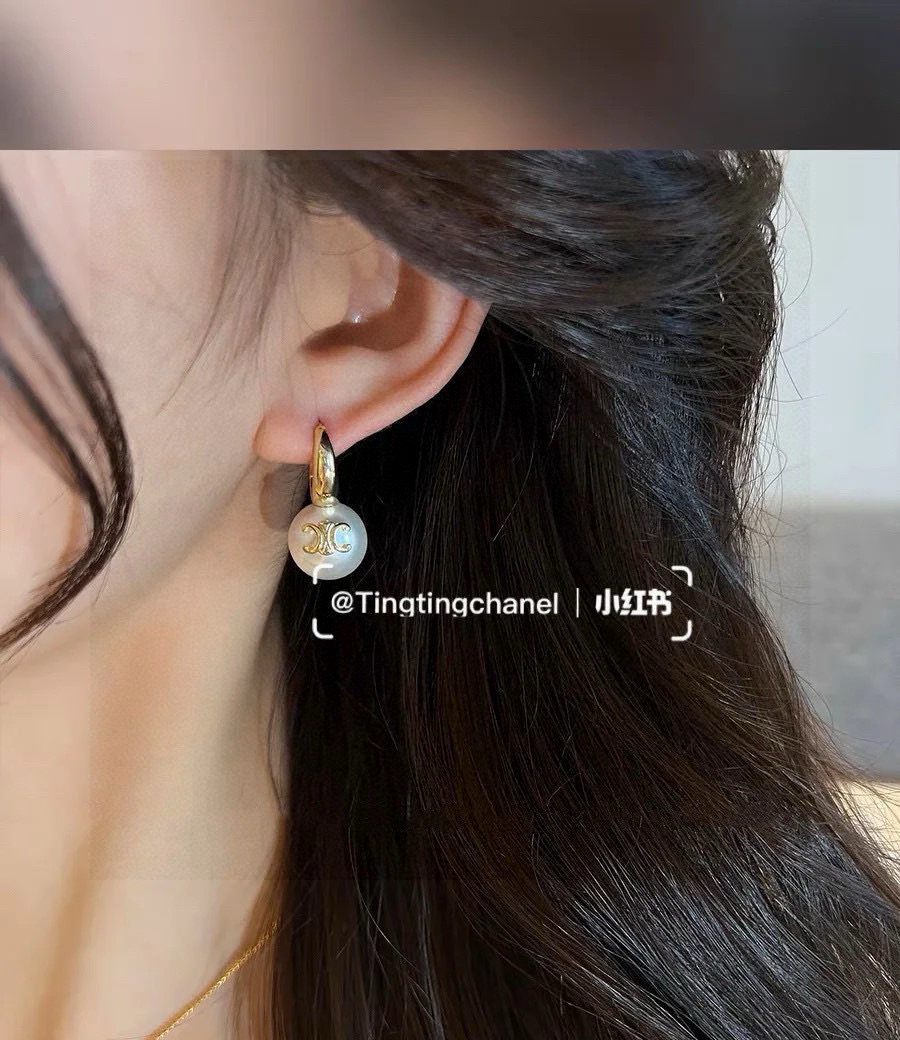 Celine Triomphe Pearl Drop Earrings earrings gold-tone metal with white pearl 12mm pearl 2 5cm total drop length