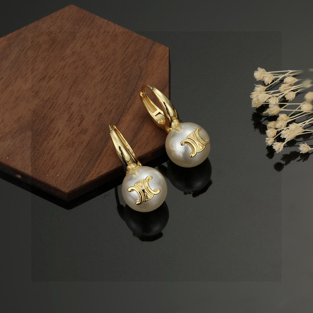 Celine Triomphe Pearl Drop Earrings earrings gold-tone metal with white pearl 12mm pearl 2 5cm total drop length