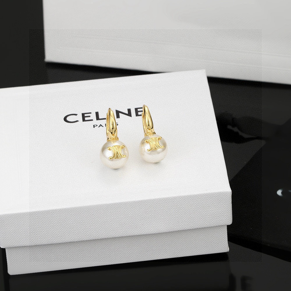 Celine Triomphe Pearl Drop Earrings earrings gold-tone metal with white pearl 12mm pearl 2 5cm total drop length