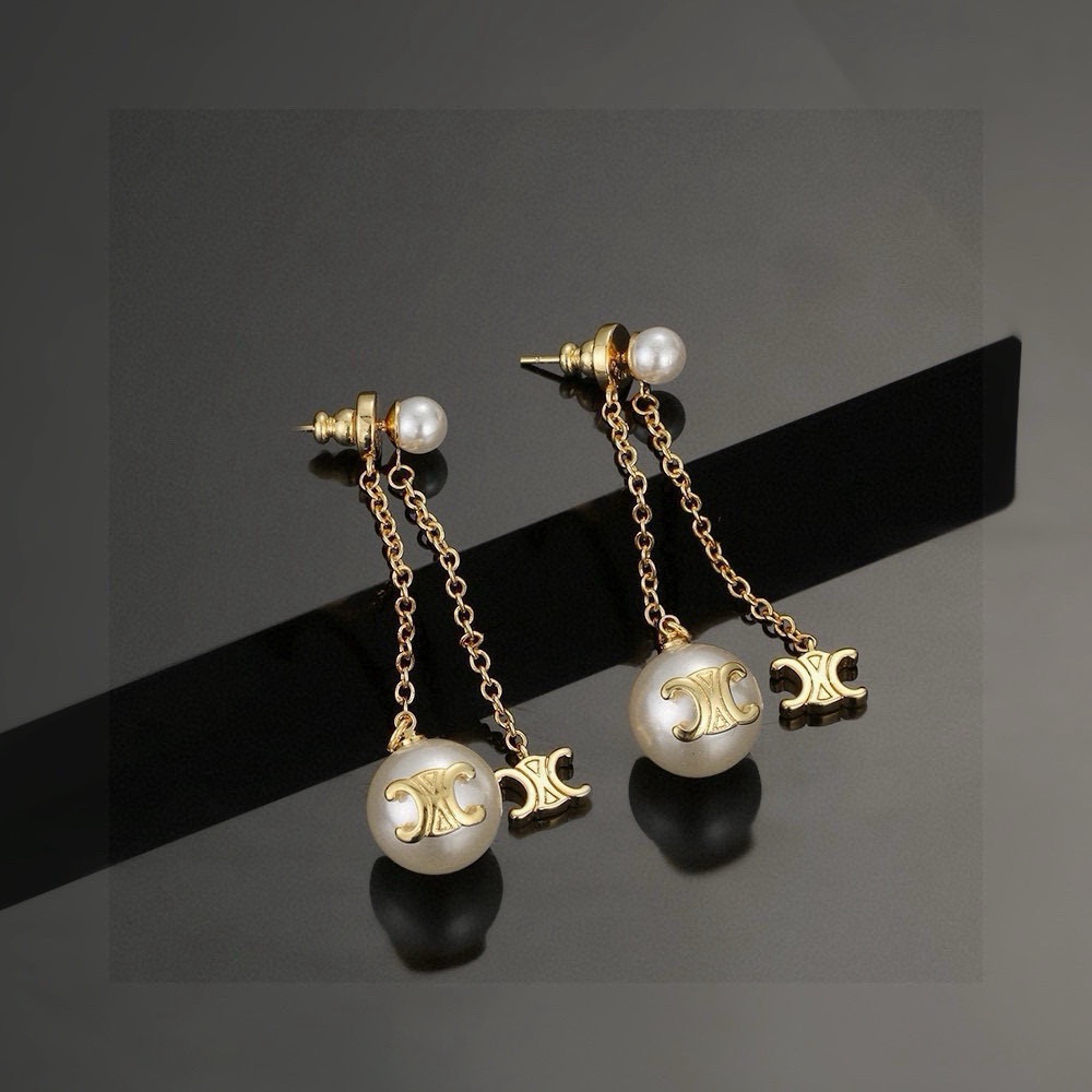 Celine Triomphe Pearl Drop earrings gold-tone metal with white pearls 6cm drop length