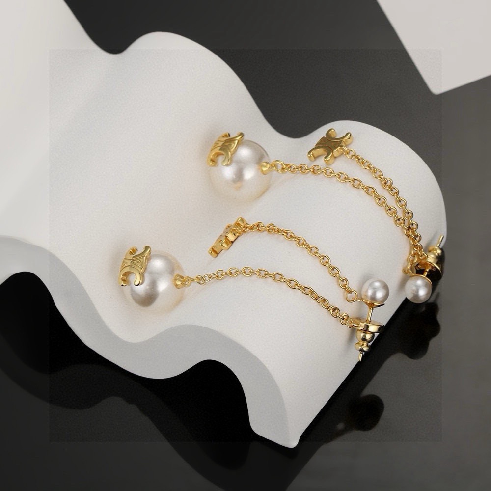 Celine Triomphe Pearl Drop earrings gold-tone metal with white pearls 6cm drop length