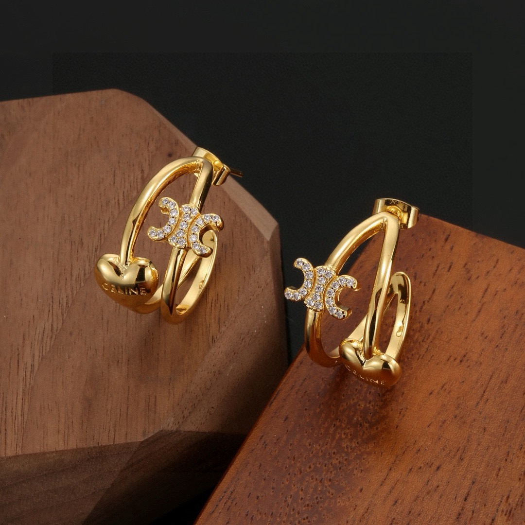 Celine Triomphe Heart Hoop Earrings earrings gold-tone metal with clear cubic zirconia stones 2cm hoop diameter