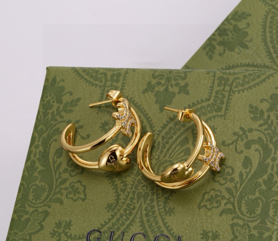 Celine Triomphe Heart Hoop Earrings earrings gold-tone metal with clear cubic zirconia stones 2cm hoop diameter