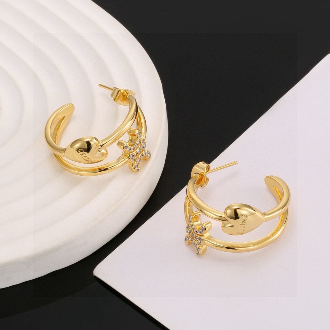 Celine Triomphe Heart Hoop Earrings earrings gold-tone metal with clear cubic zirconia stones 2cm hoop diameter