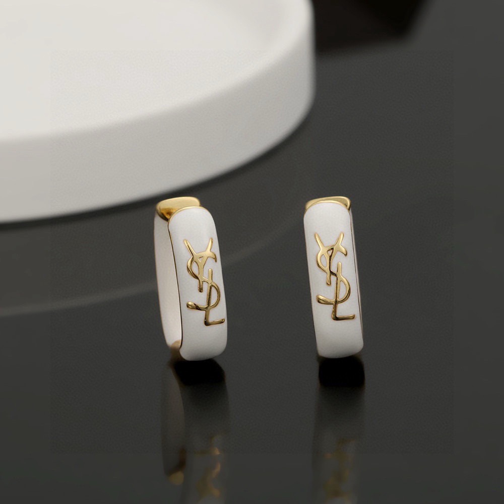 Saint Laurent Cassandre YSL Monogram Enamel Hoop Earrings earrings gold-tone metal with white enamel 15mm hoop diameter