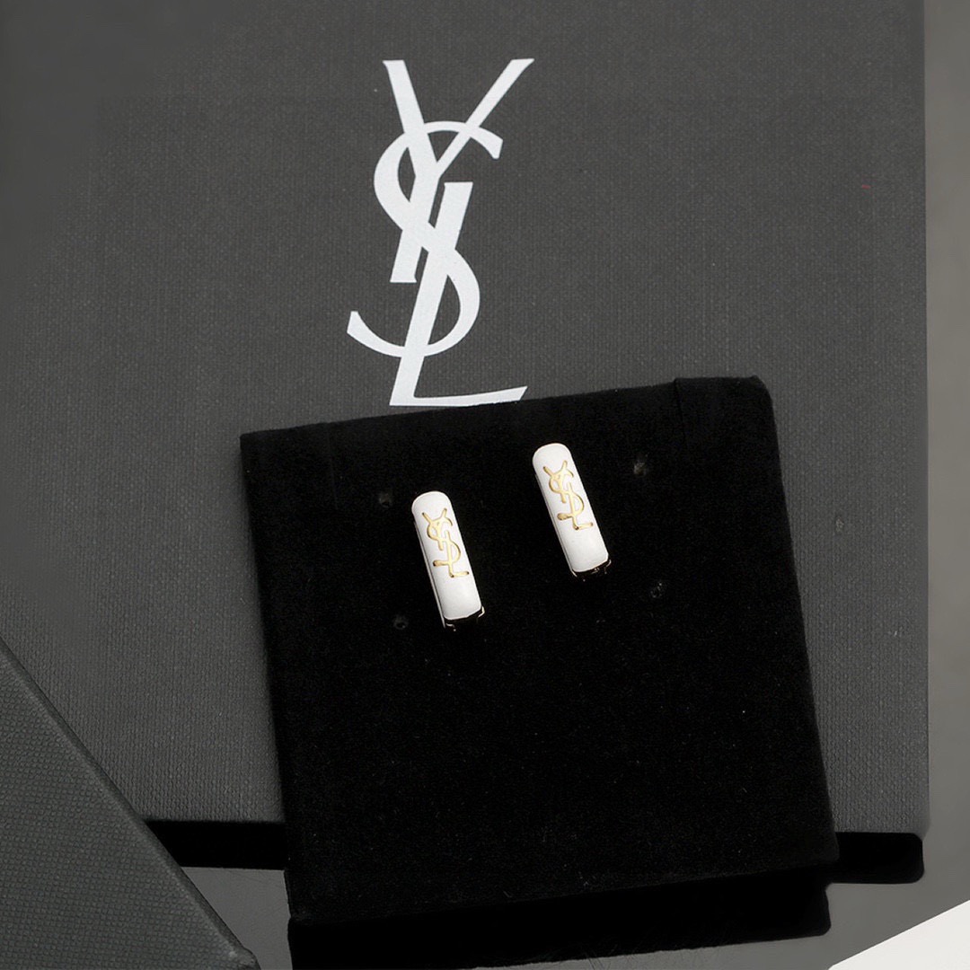 Saint Laurent Cassandre YSL Monogram Enamel Hoop Earrings earrings gold-tone metal with white enamel 15mm hoop diameter