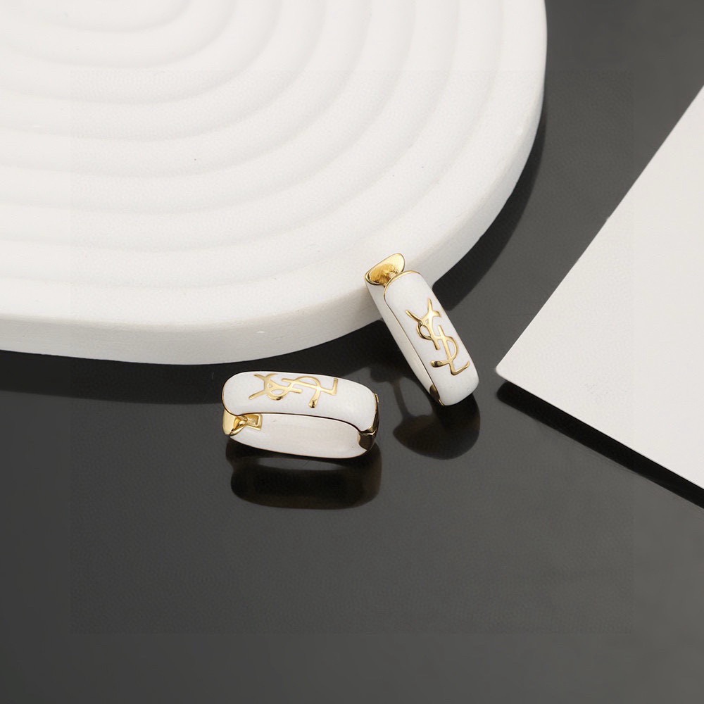 Saint Laurent Cassandre YSL Monogram Enamel Hoop Earrings earrings gold-tone metal with white enamel 15mm hoop diameter