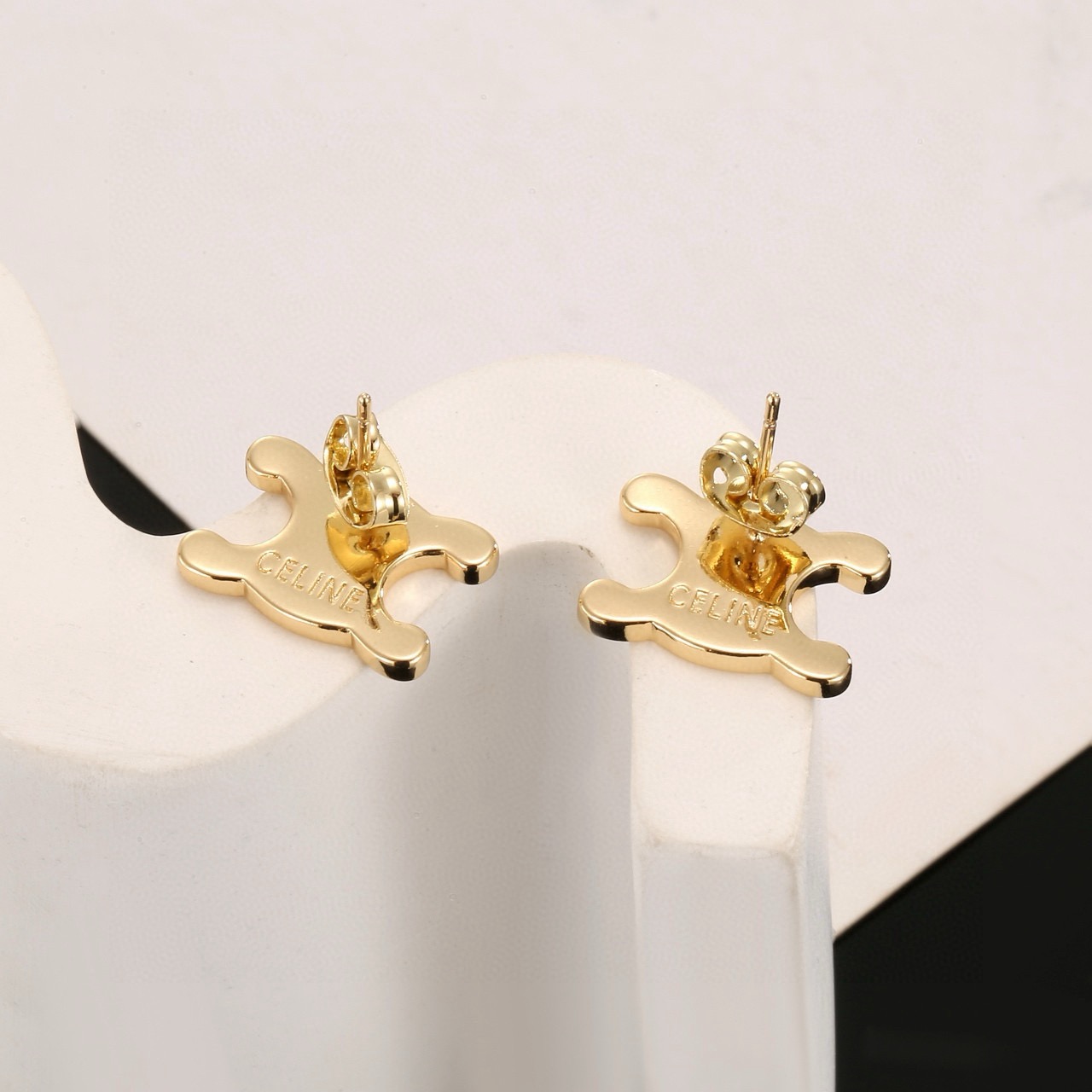 Celine Triomphe earrings gold-tone metal with white enamel 1 5cm stud diameter