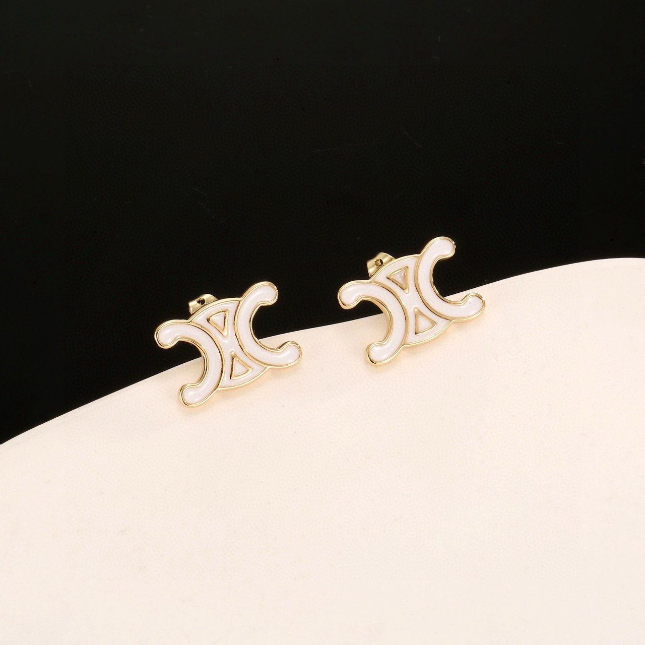 Celine Triomphe earrings gold-tone metal with white enamel 1 5cm stud diameter