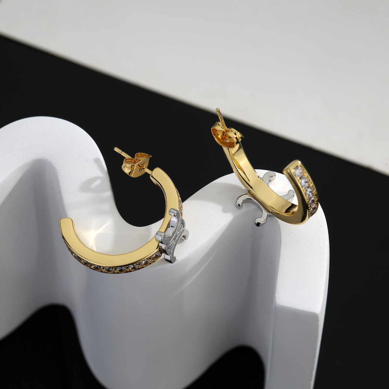 Celine Triomphe earrings Two-tone gold and silver metal with clear crystal accents 20mm hoop diameter