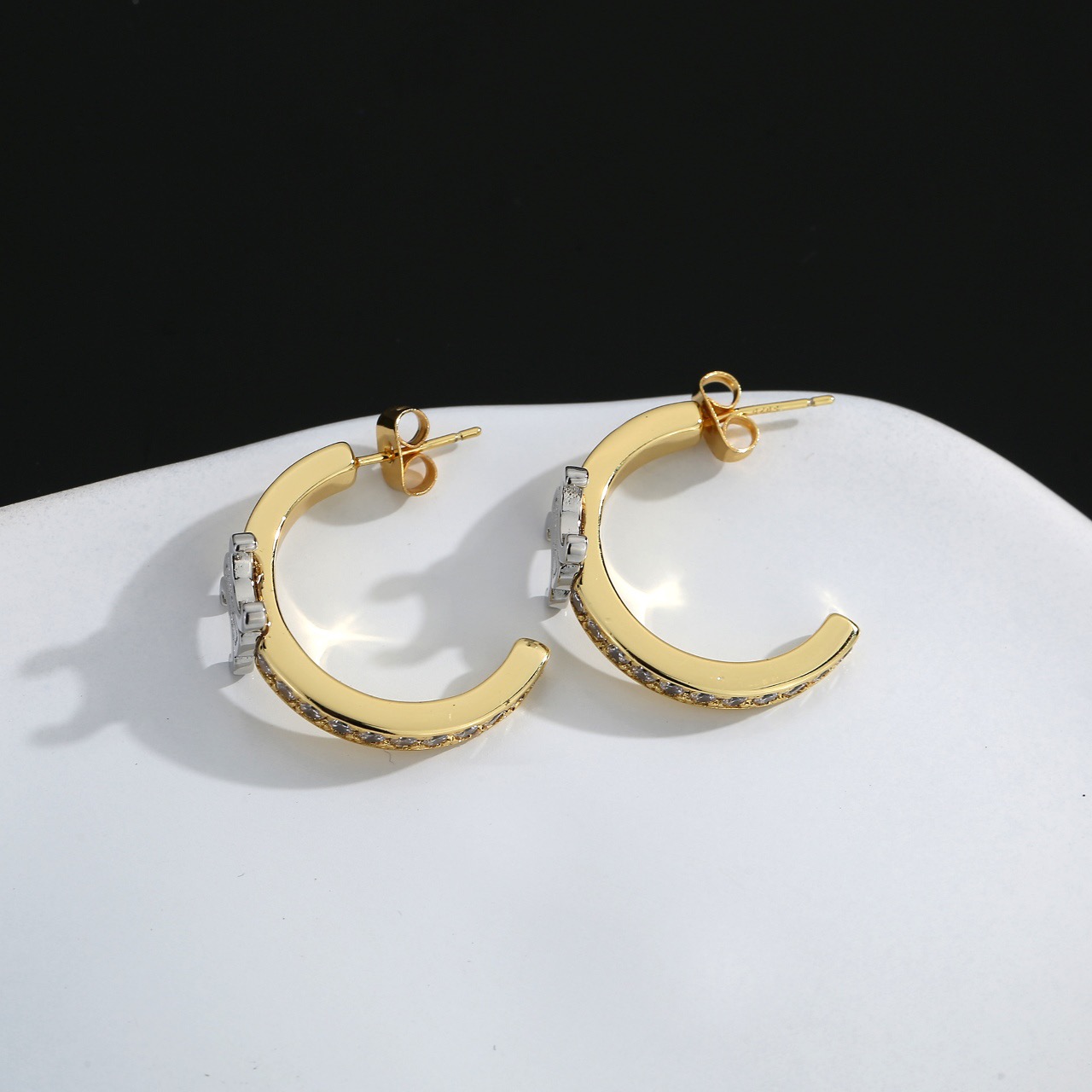 Celine Triomphe earrings Two-tone gold and silver metal with clear crystal accents 20mm hoop diameter