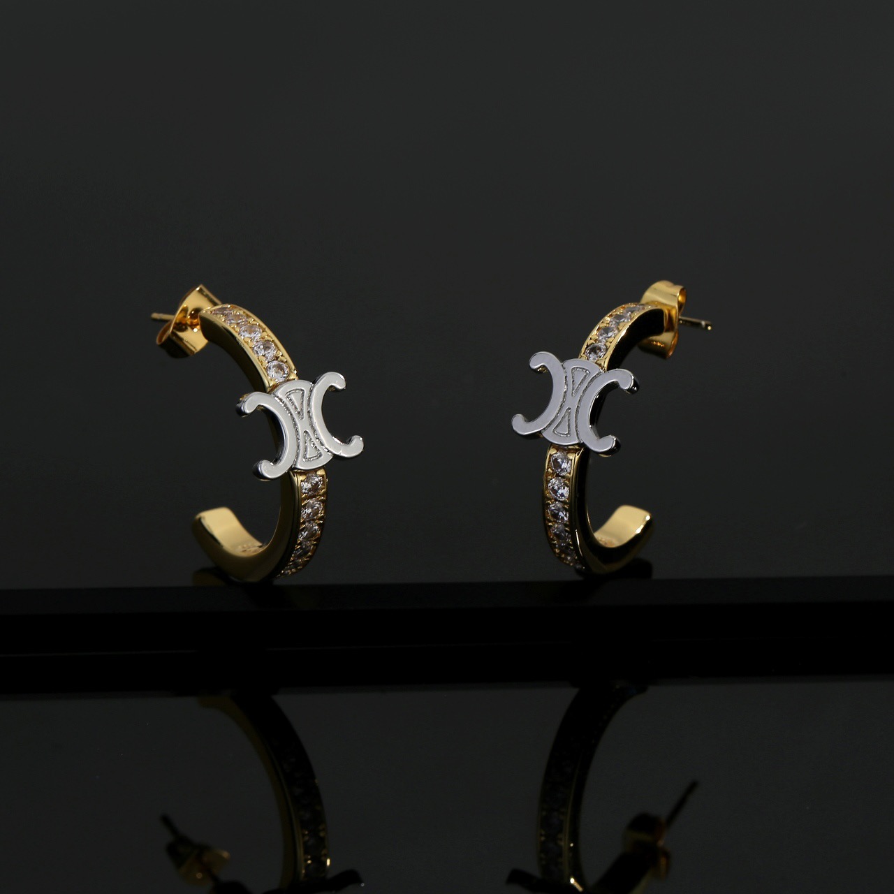 Celine Triomphe earrings Two-tone gold and silver metal with clear crystal accents 20mm hoop diameter