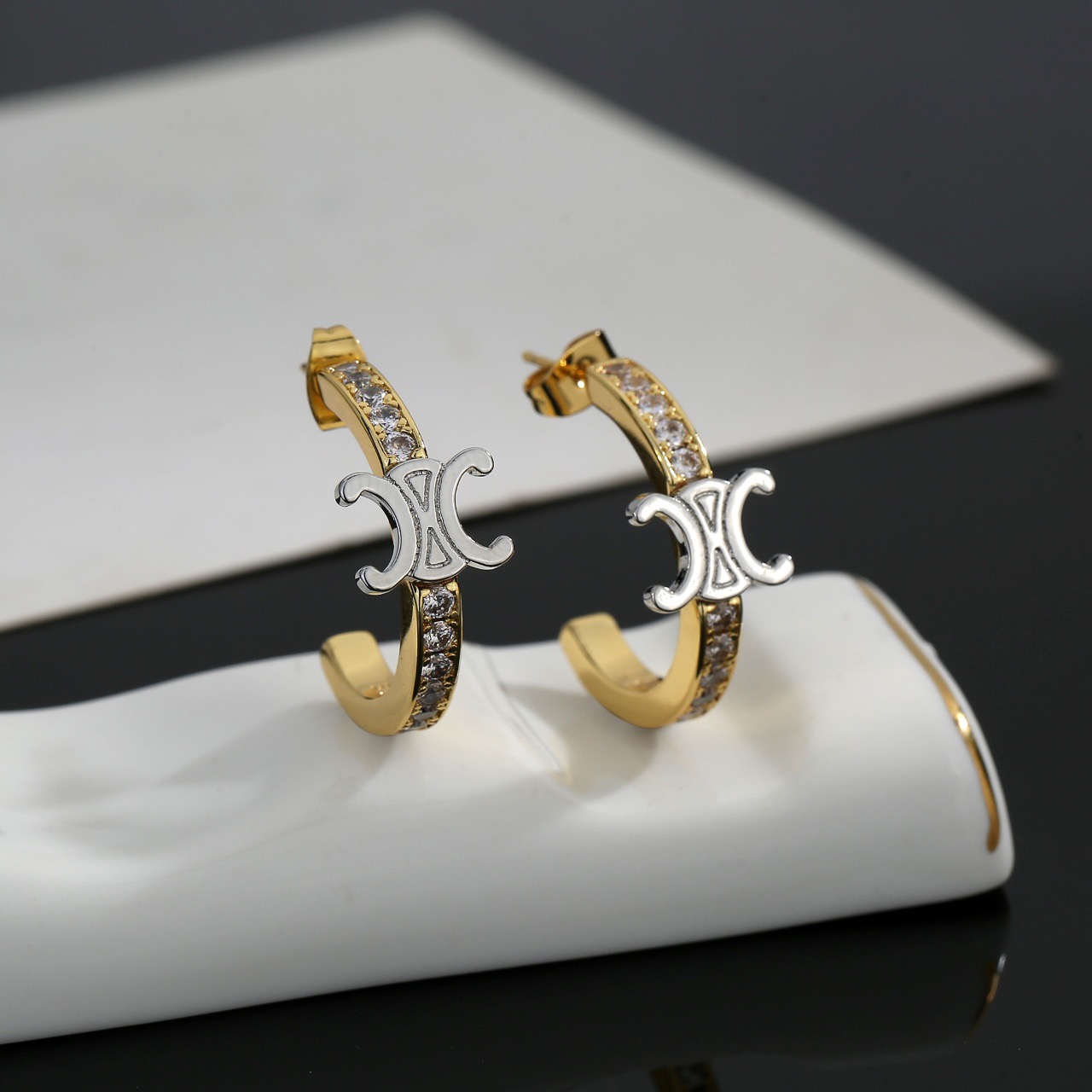 Celine Triomphe earrings Two-tone gold and silver metal with clear crystal accents 20mm hoop diameter