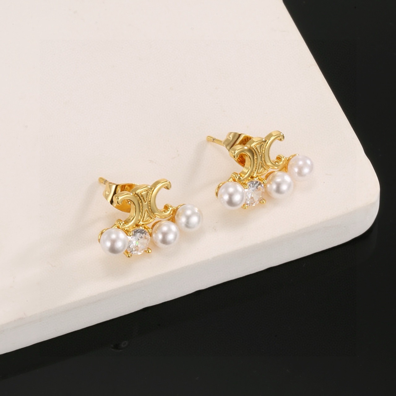 Celine Triomphe Pearl Crystal Stud Earrings earrings Gold-tone metal white pearls clear crystal One Size 1cm width per