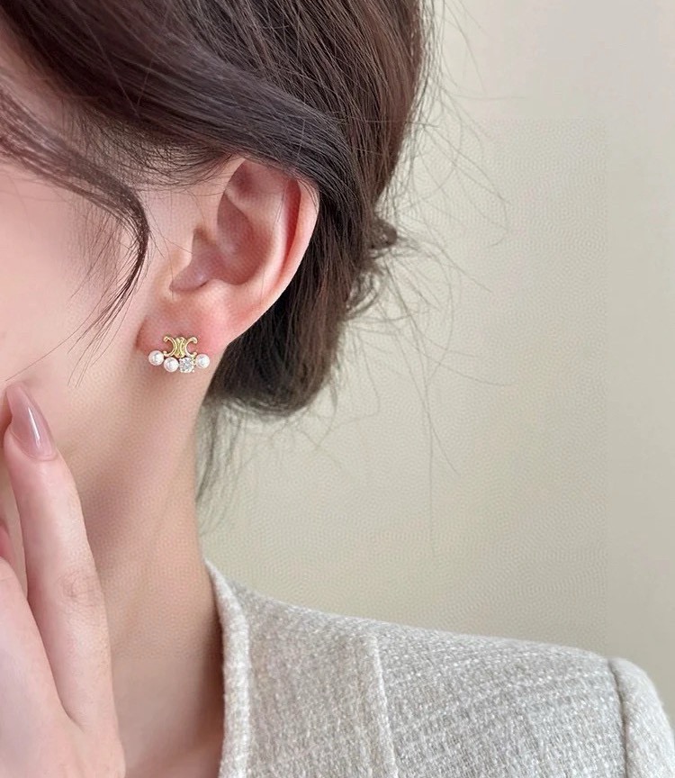 Celine Triomphe Pearl Crystal Stud Earrings earrings Gold-tone metal white pearls clear crystal One Size 1cm width per