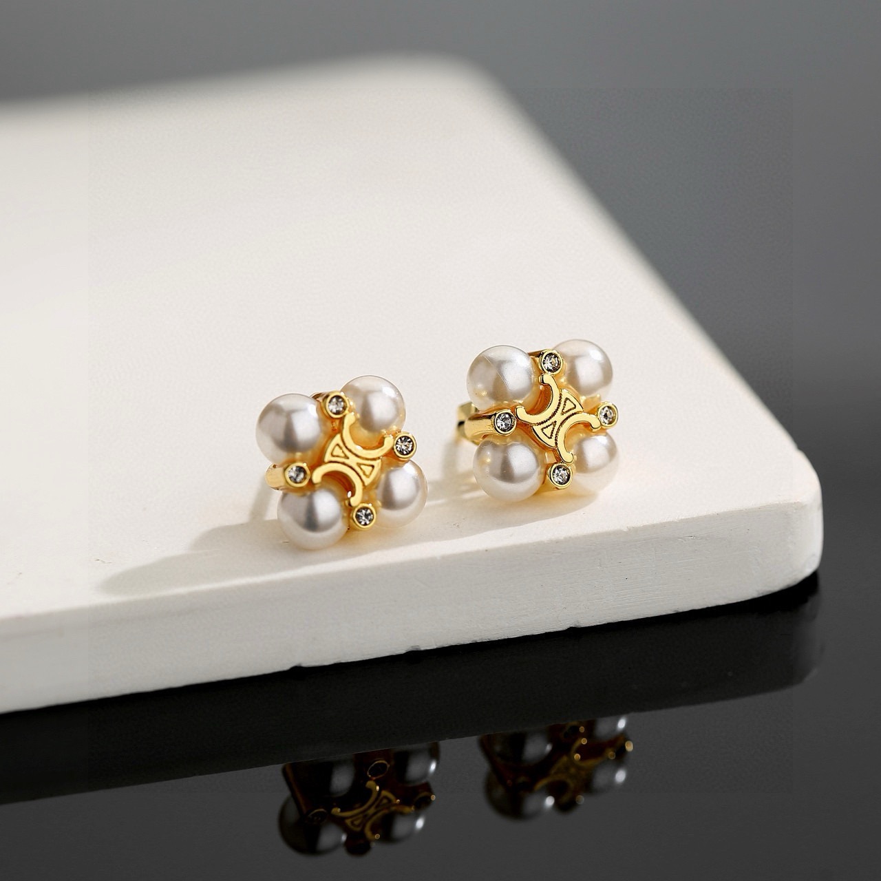 Celine Triomphe Pearl Cluster Stud Earrings earrings gold-tone metal white pearl clear crystal 10mm stud diameter