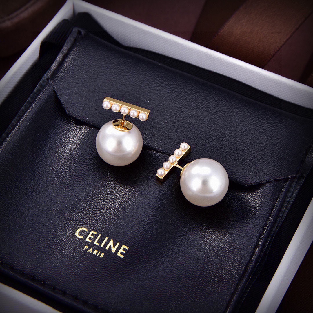 Celine T-Bar Pearl Drop Earrings earrings gold-tone metal with white pearls 1 5cm drop length