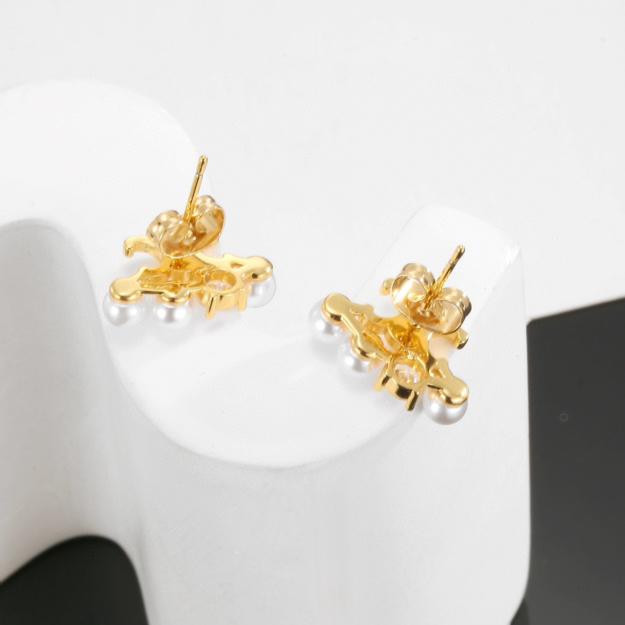 Celine Triomphe Pearl Crystal Stud Earrings earrings gold-tone metal white freshwater pearls clear cubic zirconia 1cm stud diameter