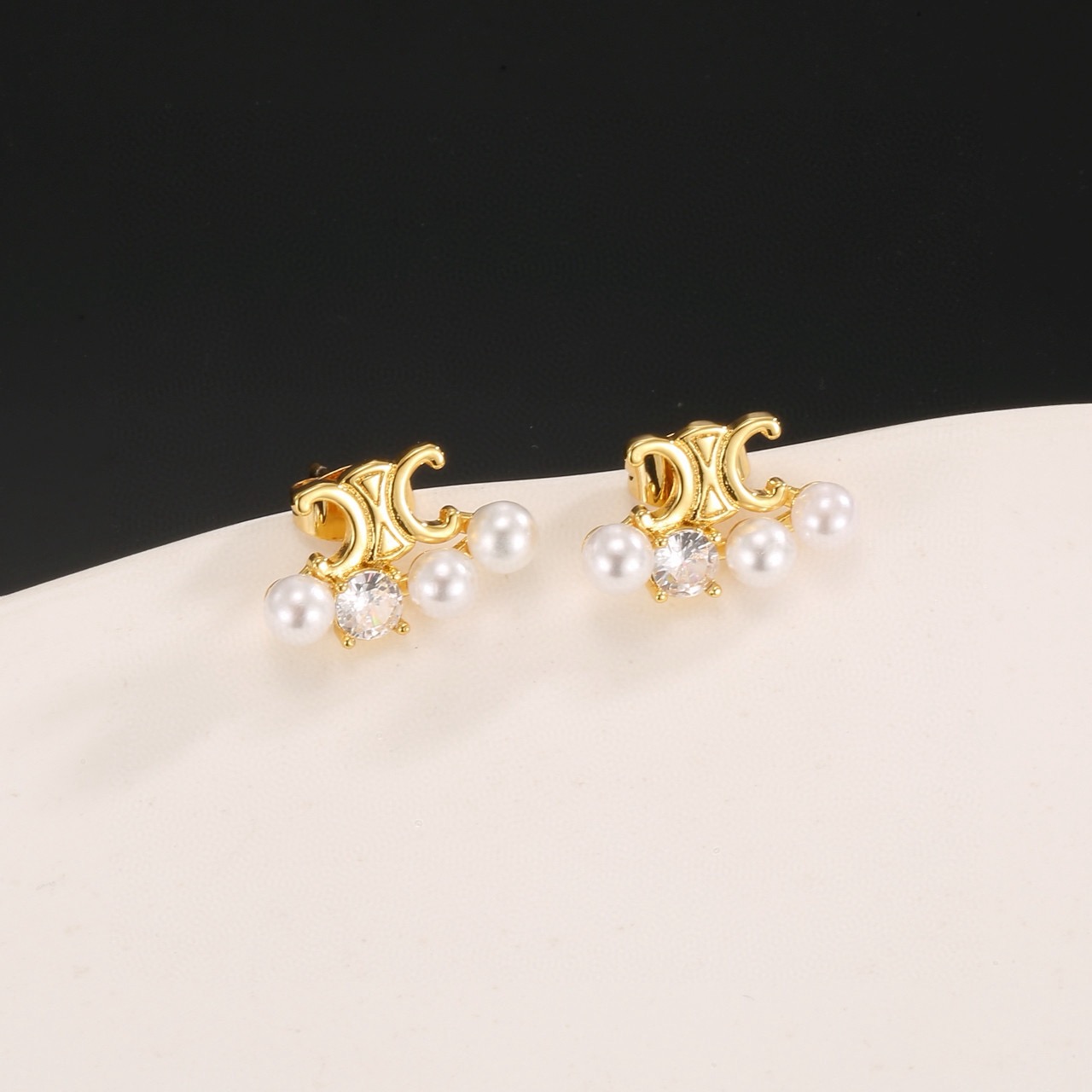 Celine Triomphe Pearl Crystal Stud Earrings earrings gold-tone metal white freshwater pearls clear cubic zirconia 1cm stud diameter
