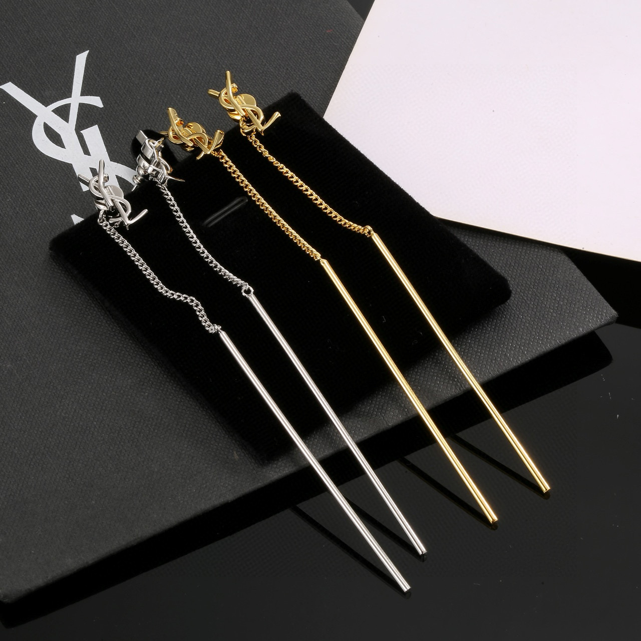 Saint Laurent YSL Monogram Long Bar Drop Earrings earrings Gold-tone metal gold variant Silver-tone metal silver variant no gemstones 7cm total drop length