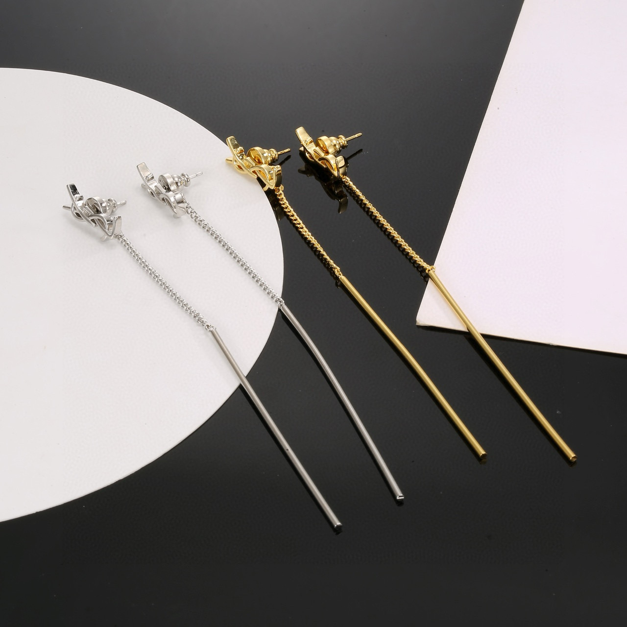 Saint Laurent YSL Monogram Long Bar Drop Earrings earrings Gold-tone metal gold variant Silver-tone metal silver variant no gemstones 7cm total drop length
