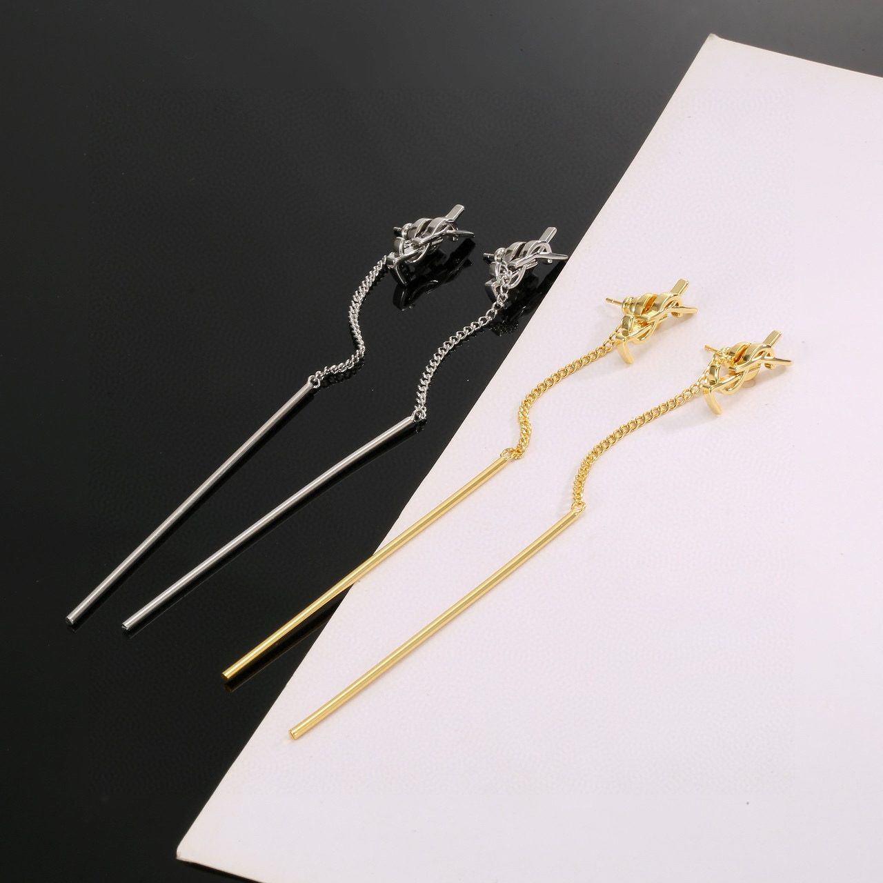 Saint Laurent YSL Monogram Long Bar Drop Earrings earrings Gold-tone metal gold variant Silver-tone metal silver variant no gemstones 7cm total drop length