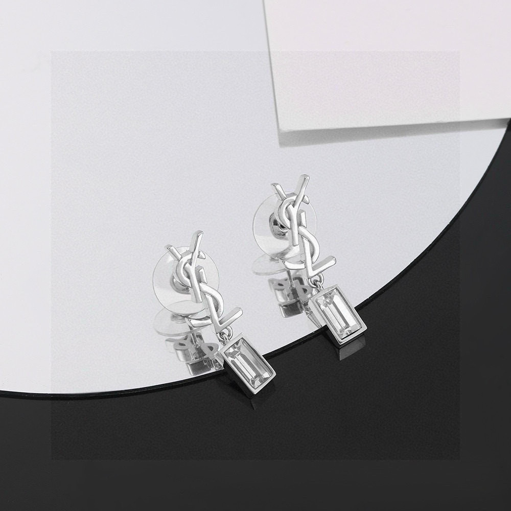 Saint Laurent YSL 1961 Monogram Crystal Drop earrings Gold-tone metal with clear baguette-cut crystals Silver-tone metal with clear baguette-cut crystals 1 5cm drop length