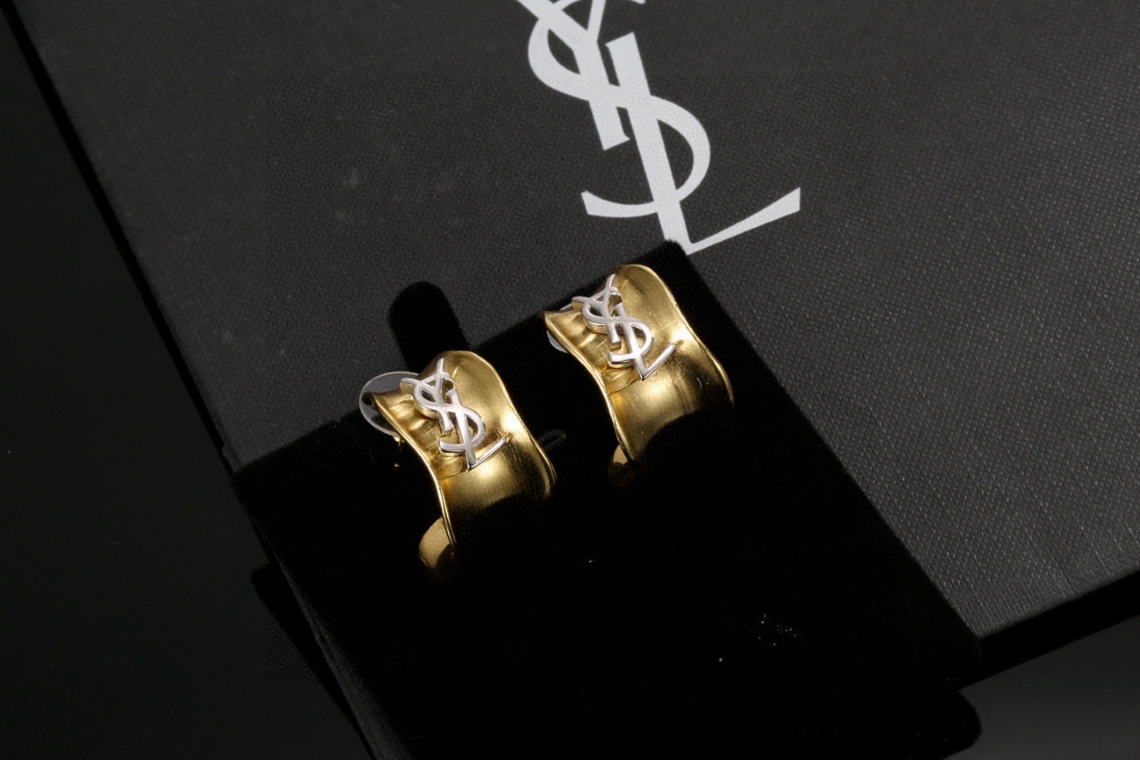 Saint Laurent Cassandre Wavy Hoop earrings gold-tone metal with silver-tone monogram 2 2cm diameter
