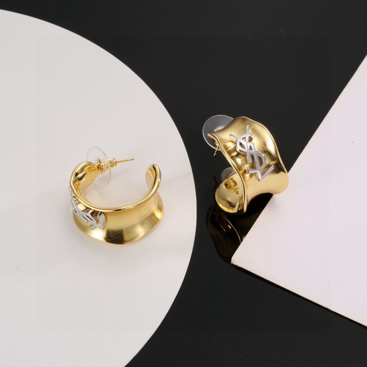 Saint Laurent Cassandre Wavy Hoop earrings gold-tone metal with silver-tone monogram 2 2cm diameter