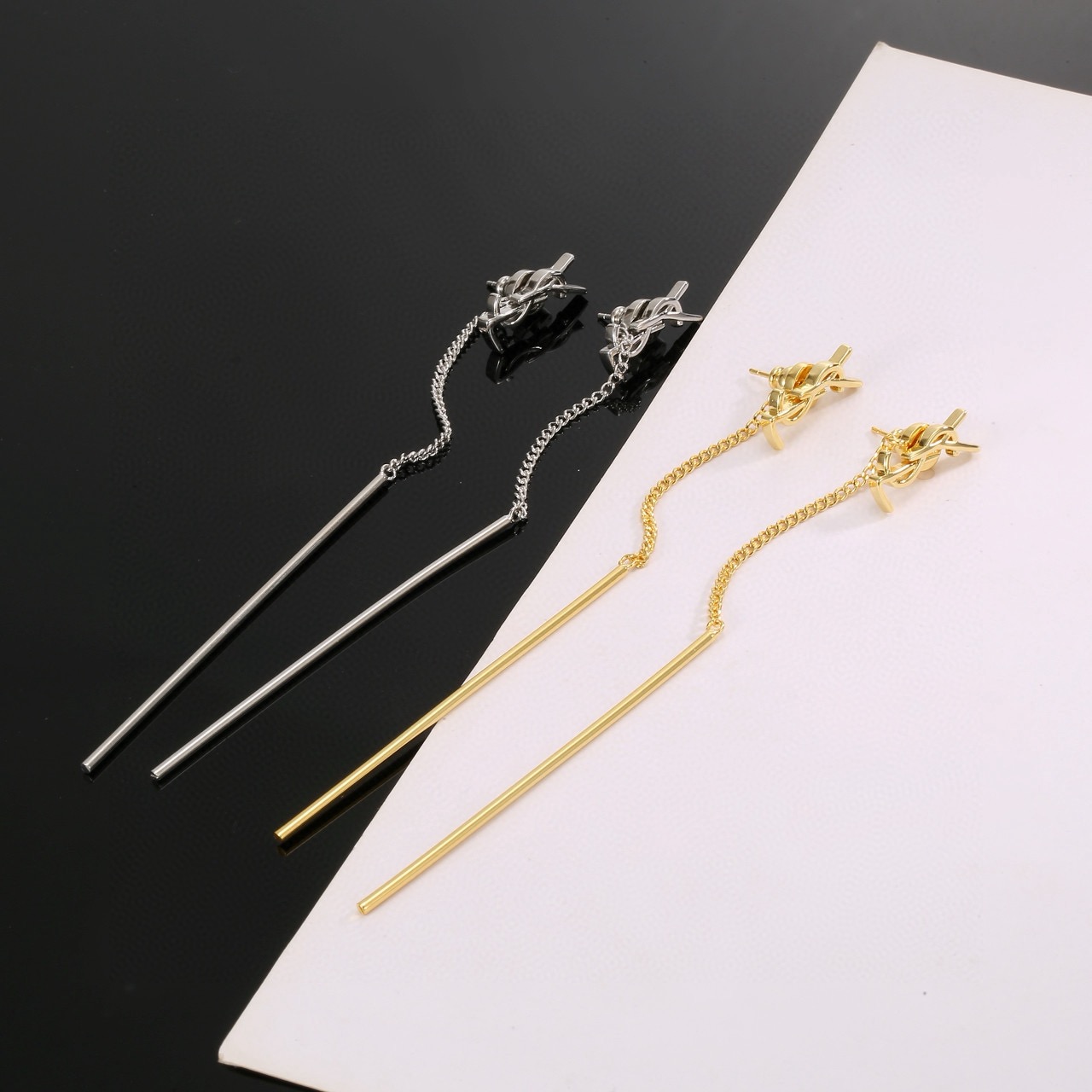 Saint Laurent Cassandre YSL Monogram Long Bar Drop Earrings earrings Gold-tone metal gold variant silver-tone metal silver variant no gemstones Total drop length 7cm